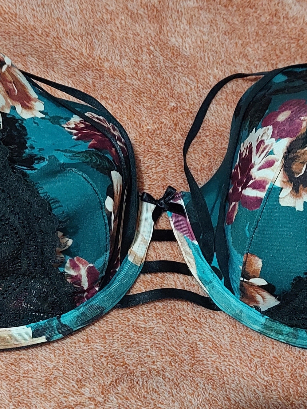 Cacique Teal Floral Strappy Bra with Black Accents